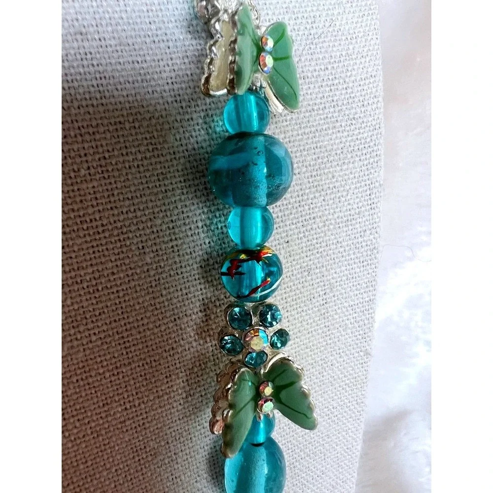 Turquoise Glass Bead Necklace Butterflies Lampwork Foil‎ Artisan 27